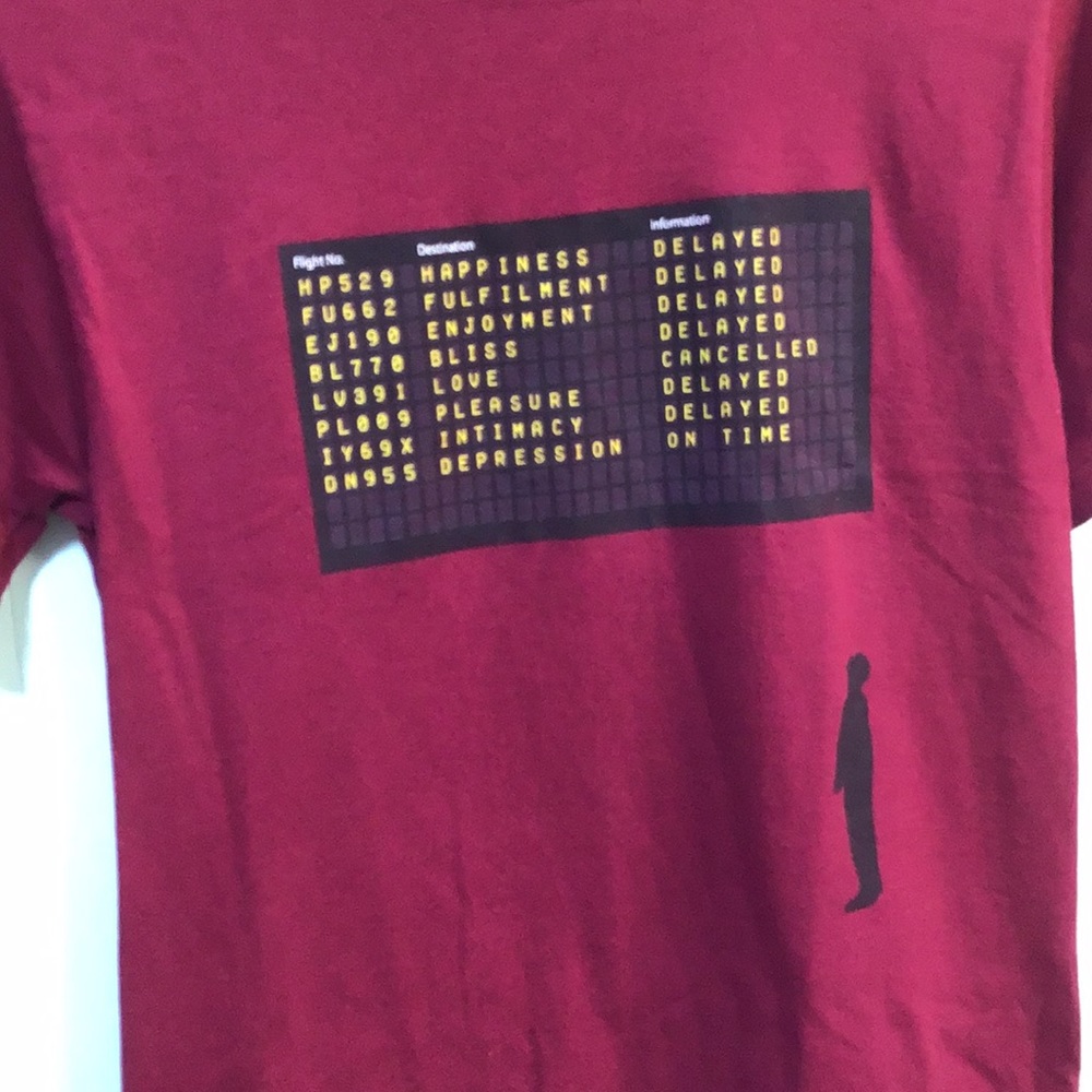 Tshirt depression funny guys small tags cut out  humorous flights feels delayed
